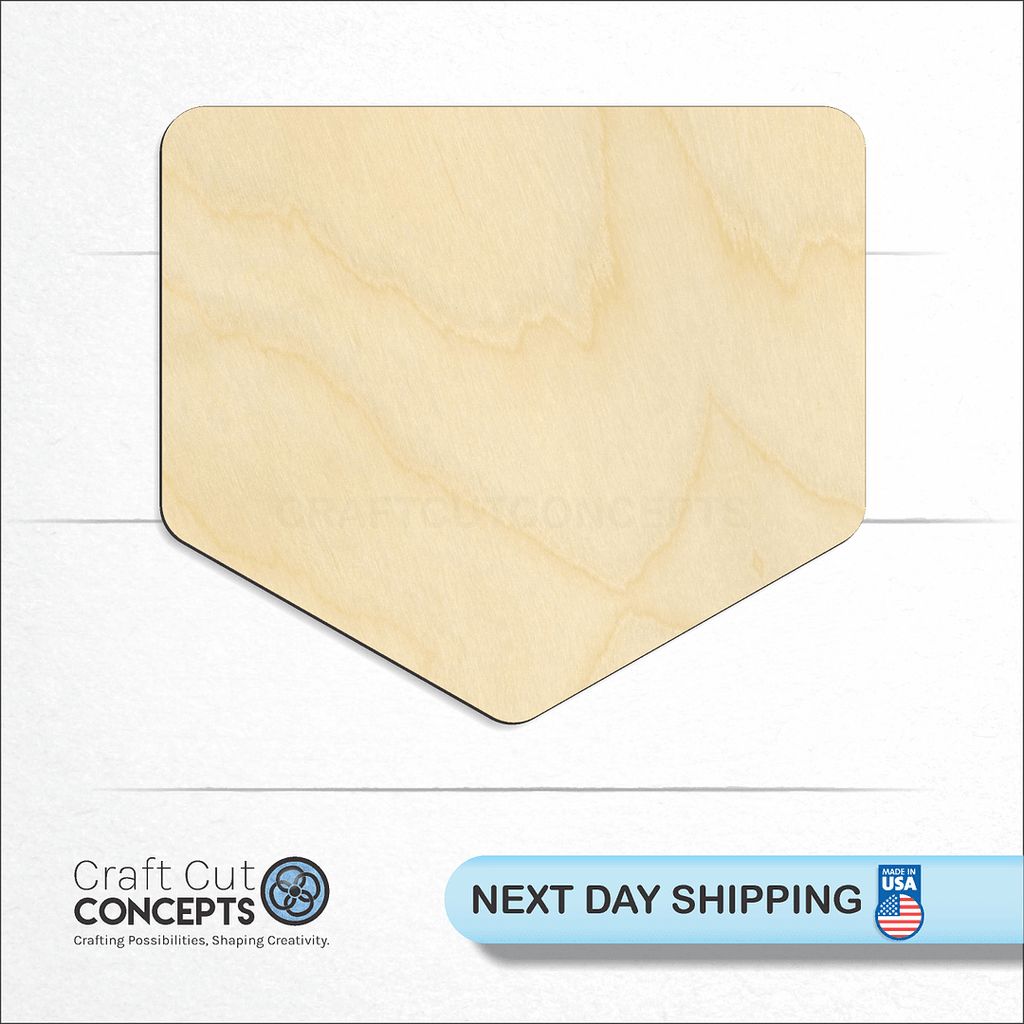 Craft Cut Concepts logo and next day shipping banner with an unfinished wood Sports - Home Plate craft shape and blank