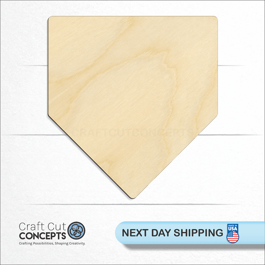 Craft Cut Concepts logo and next day shipping banner with an unfinished wood Sports - Home Plate craft shape and blank