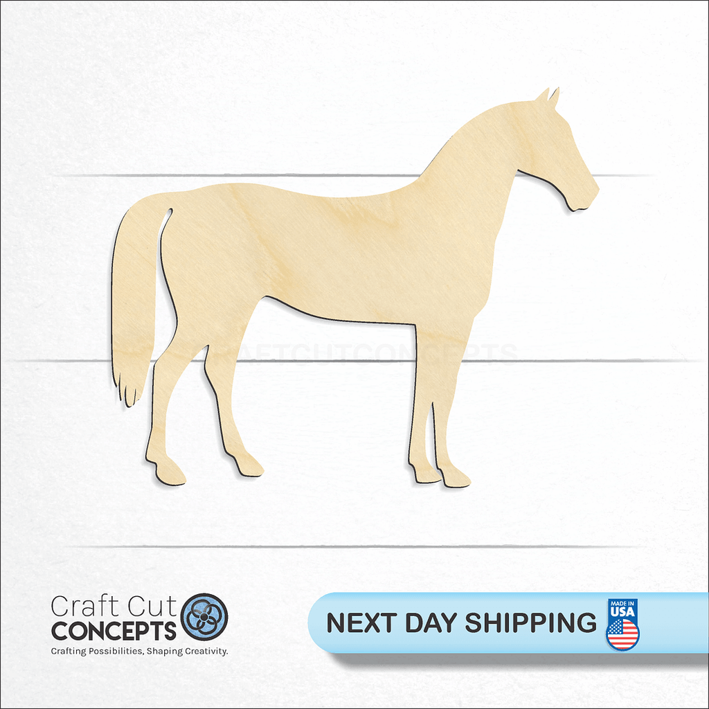 Craft Cut Concepts logo and next day shipping banner with an unfinished wood Horse -2 craft shape and blank