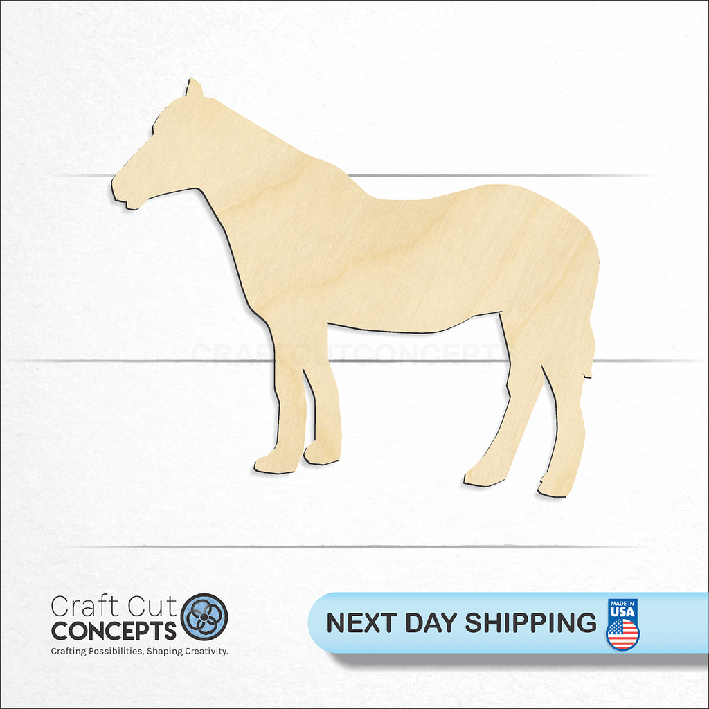 Craft Cut Concepts logo and next day shipping banner with an unfinished wood Horse -3 craft shape and blank