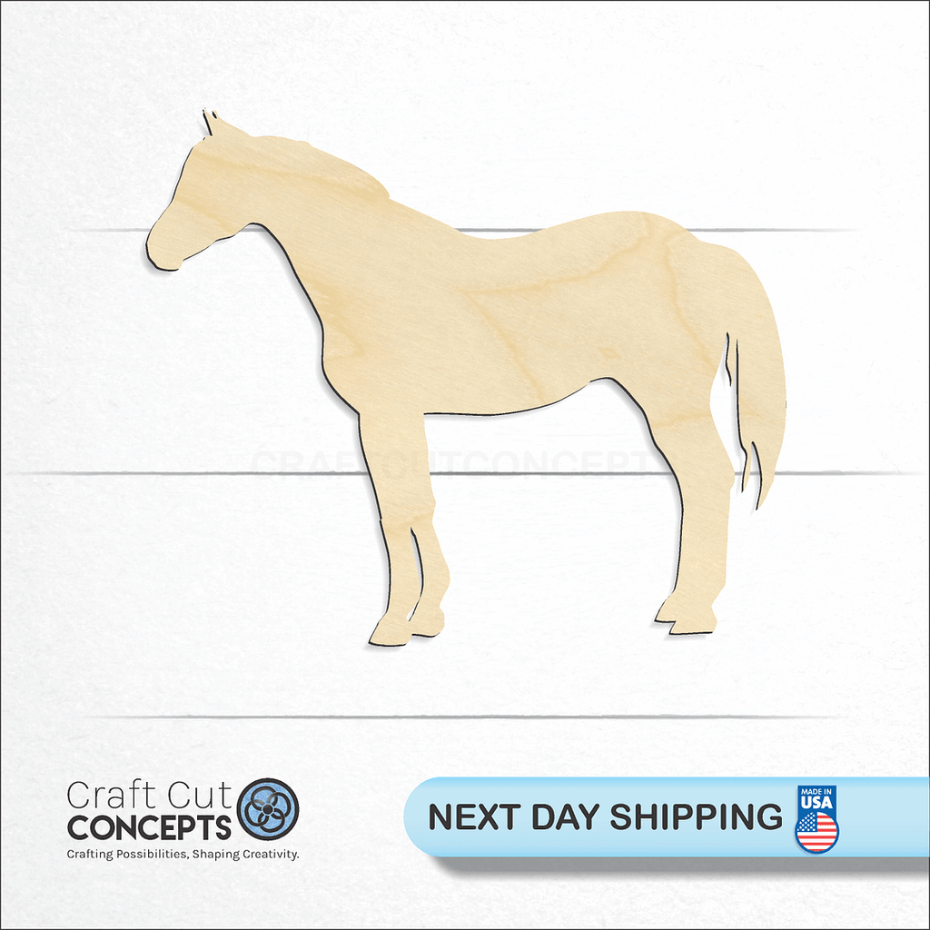 Craft Cut Concepts logo and next day shipping banner with an unfinished wood Horse -5 craft shape and blank