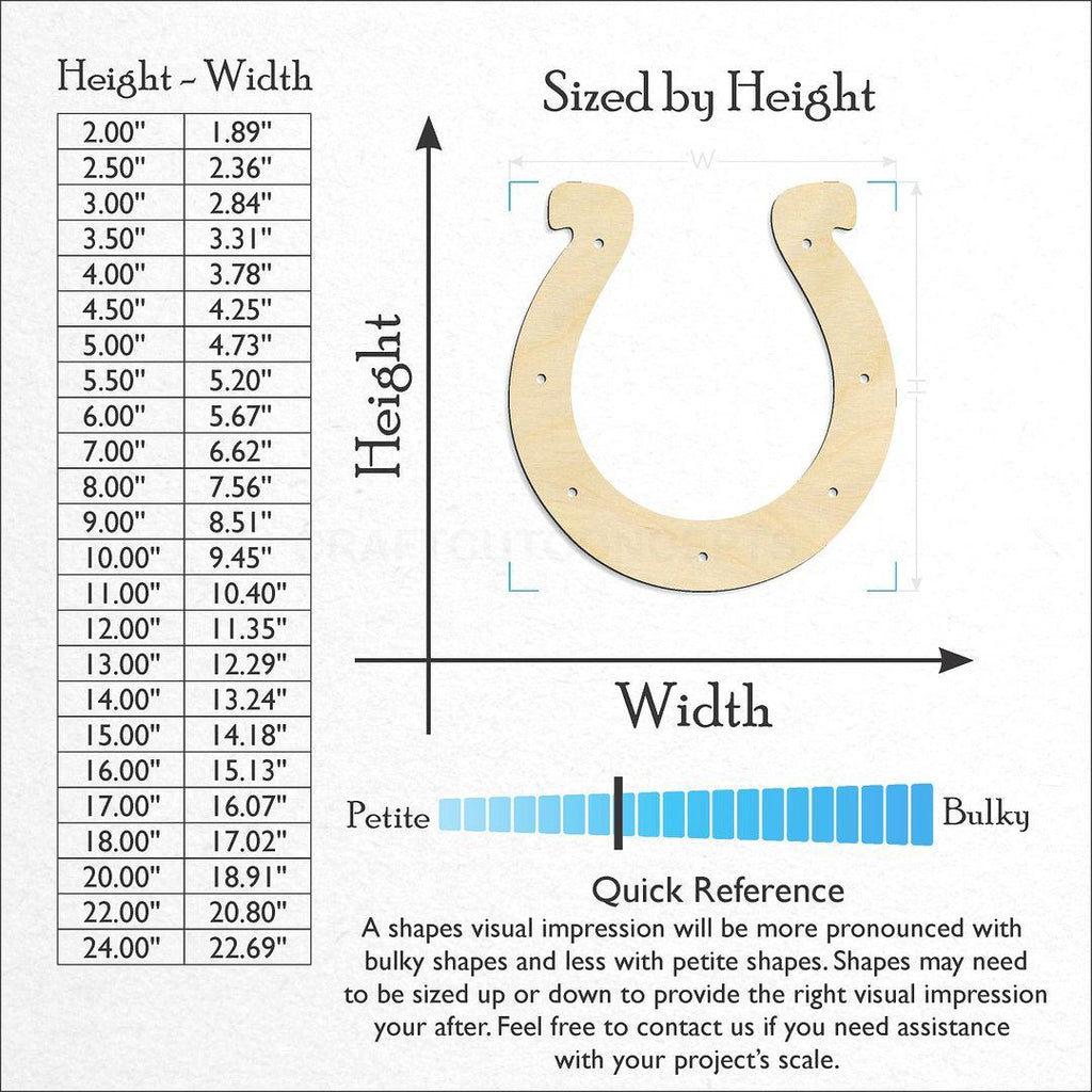 Sizes available for a laser cut Horse Shoe craft blank