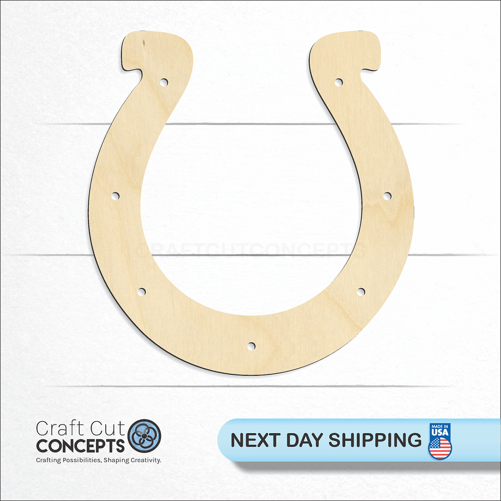 Craft Cut Concepts logo and next day shipping banner with an unfinished wood Horse Shoe craft shape and blank