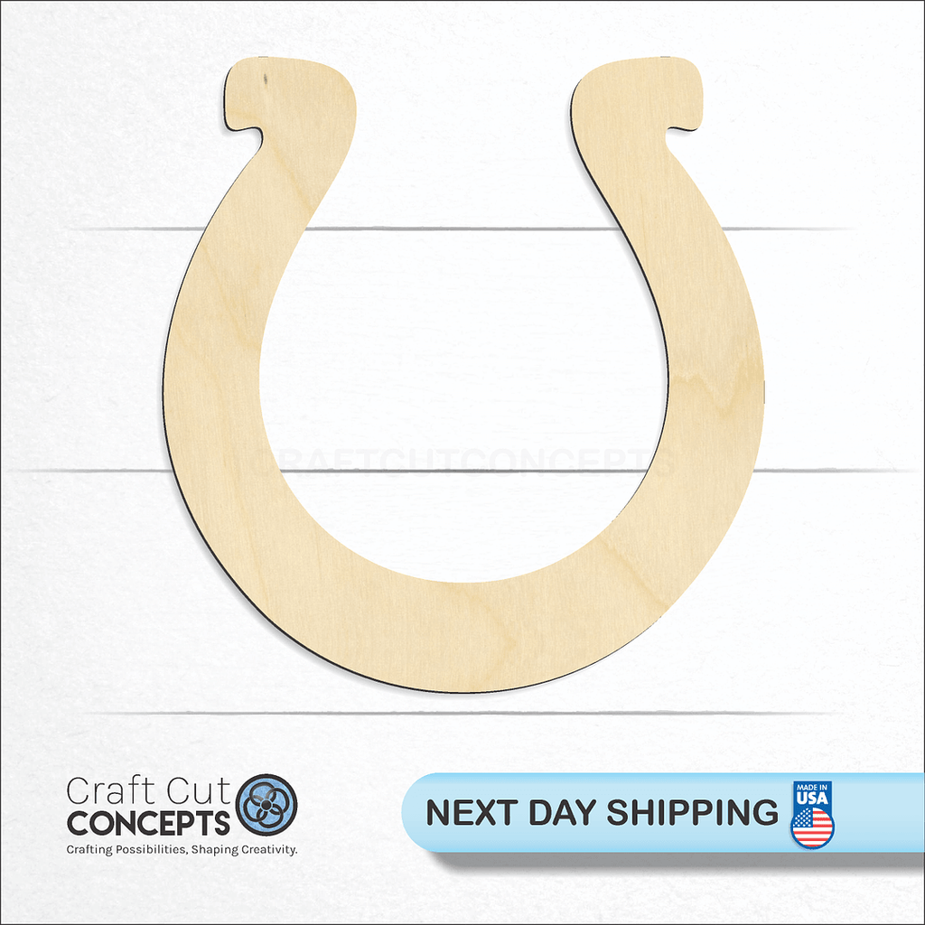 Craft Cut Concepts logo and next day shipping banner with an unfinished wood Horse Shoe Without Holes craft shape and blank