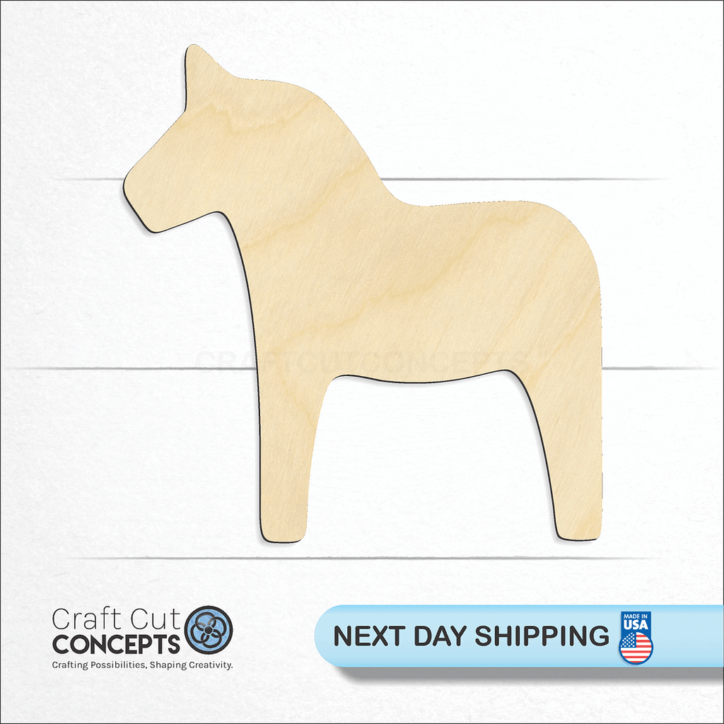 Craft Cut Concepts logo and next day shipping banner with an unfinished wood Dala Horse craft shape and blank