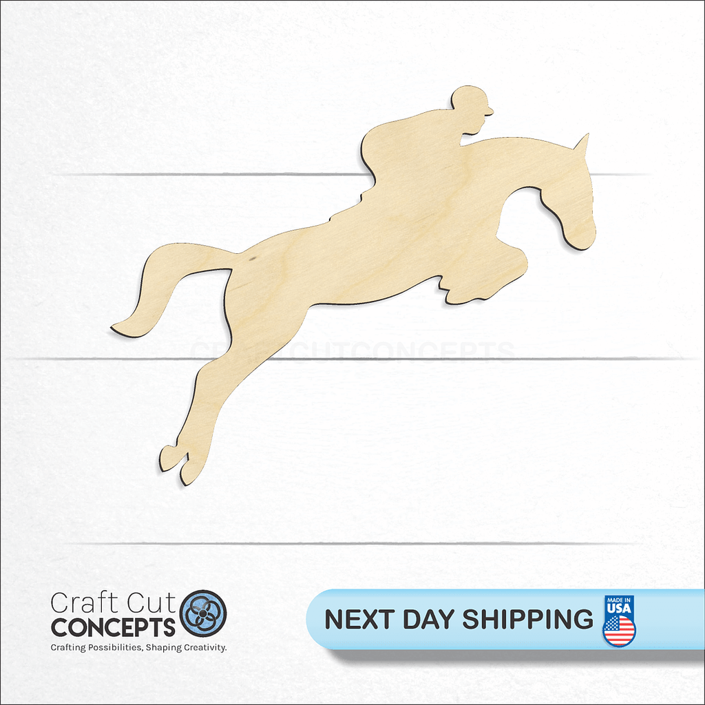 Craft Cut Concepts logo and next day shipping banner with an unfinished wood Horse with rider craft shape and blank