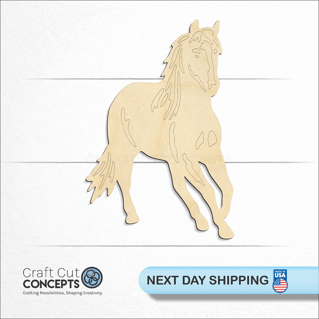 Craft Cut Concepts logo and next day shipping banner with an unfinished wood Trotting Horse craft shape and blank