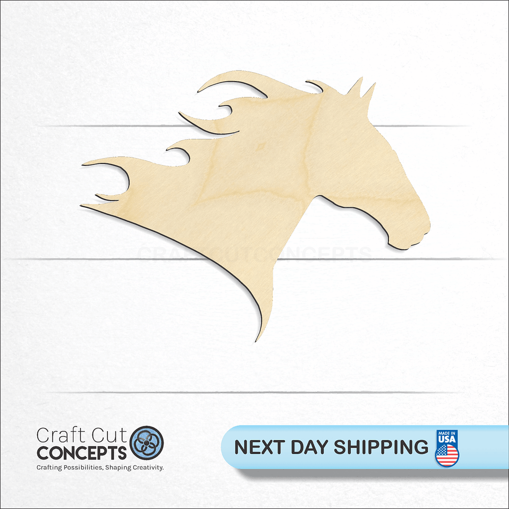 Craft Cut Concepts logo and next day shipping banner with an unfinished wood Horse Head craft shape and blank