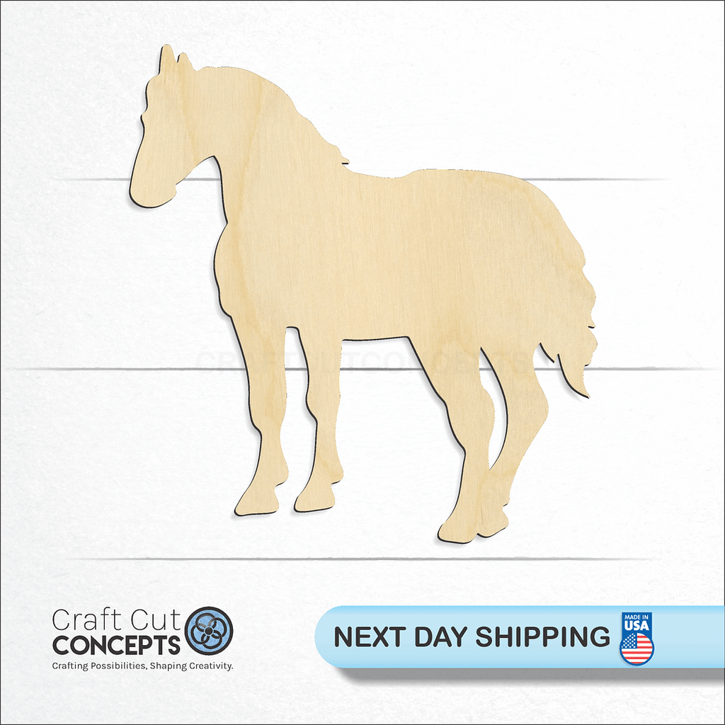 Craft Cut Concepts logo and next day shipping banner with an unfinished wood Horse craft shape and blank