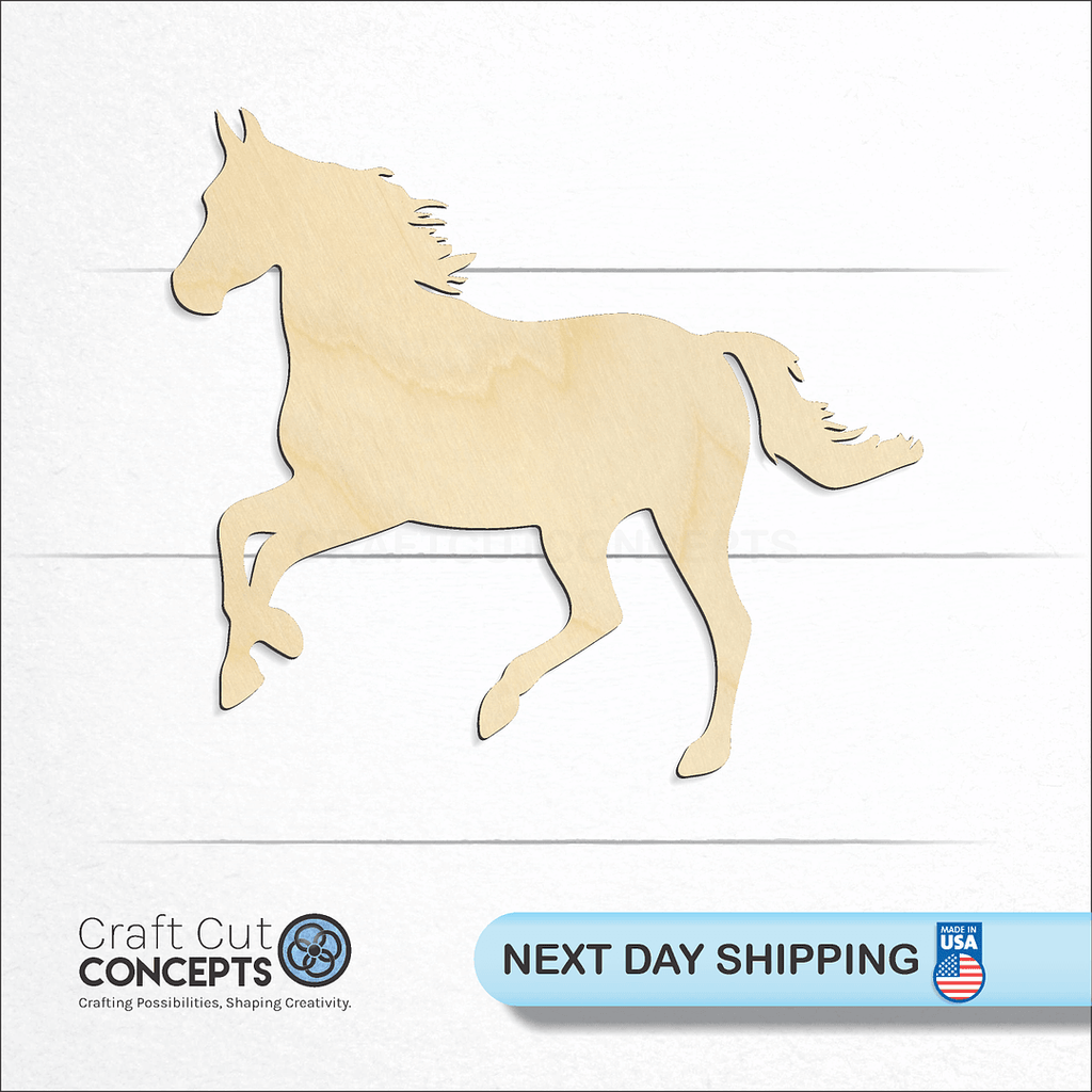 Craft Cut Concepts logo and next day shipping banner with an unfinished wood Horse craft shape and blank