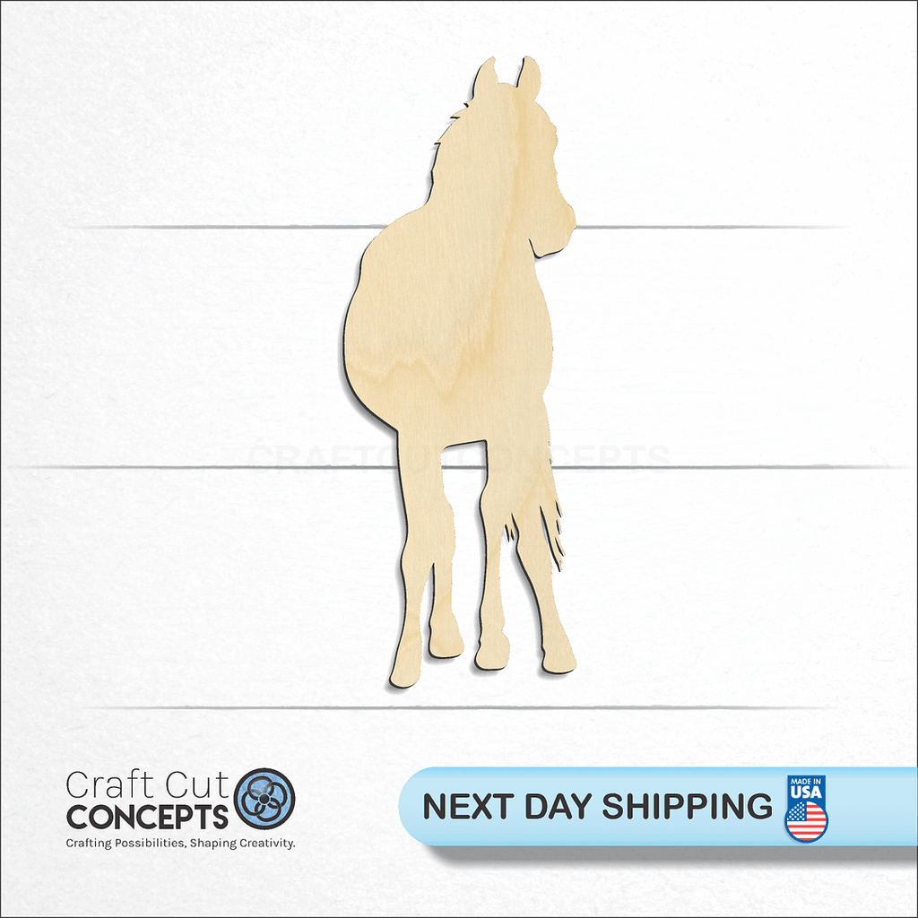 Craft Cut Concepts logo and next day shipping banner with an unfinished wood Horse craft shape and blank