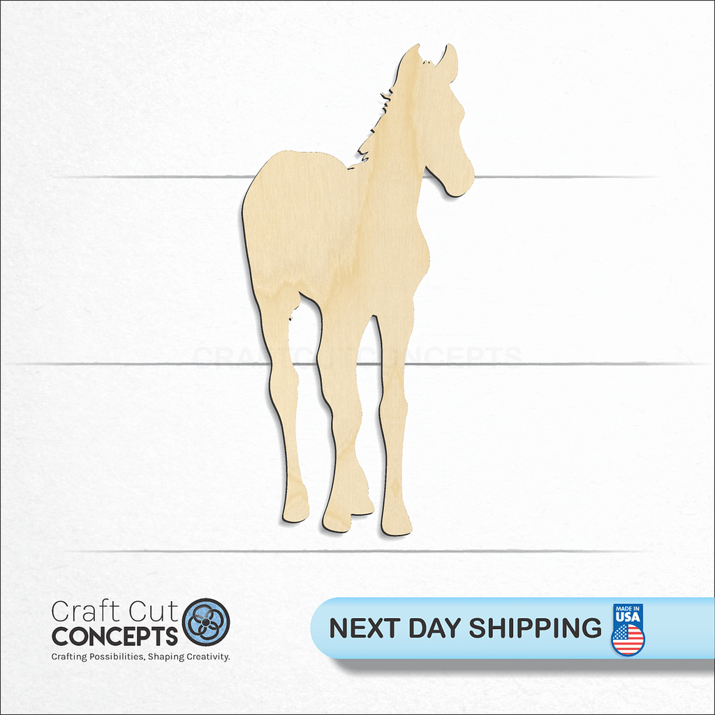 Craft Cut Concepts logo and next day shipping banner with an unfinished wood Baby Horse craft shape and blank