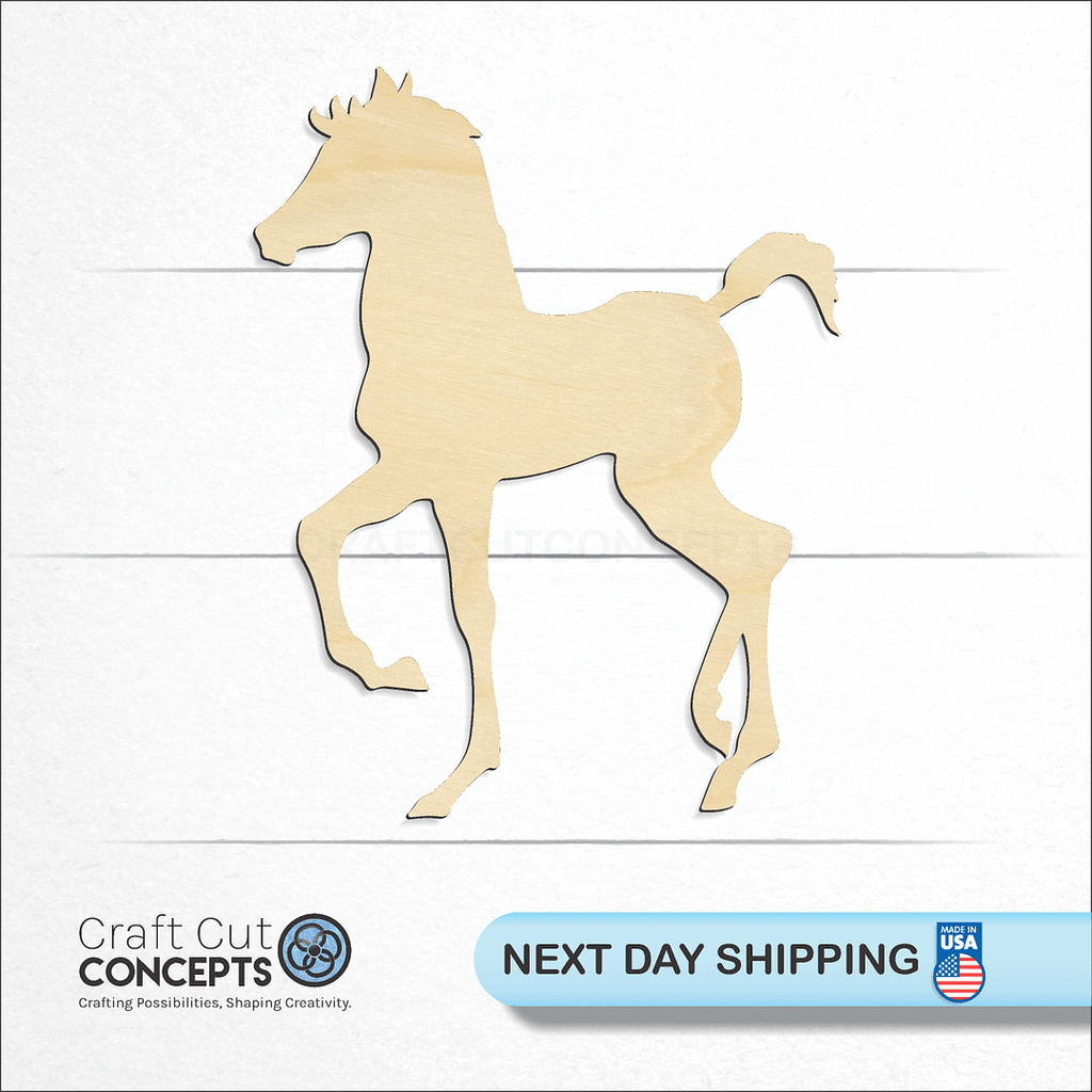 Craft Cut Concepts logo and next day shipping banner with an unfinished wood Baby Horse craft shape and blank