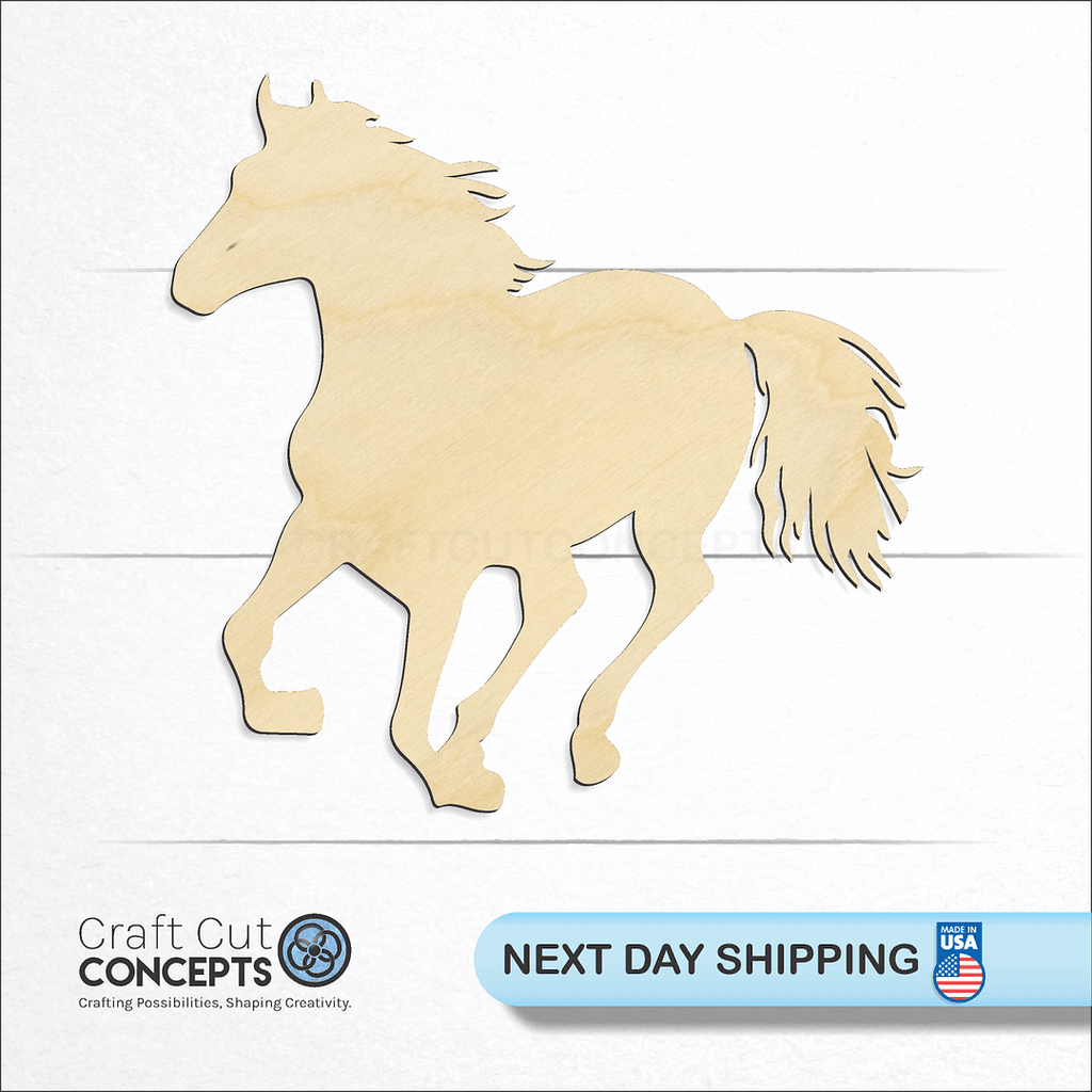 Craft Cut Concepts logo and next day shipping banner with an unfinished wood Horse craft shape and blank