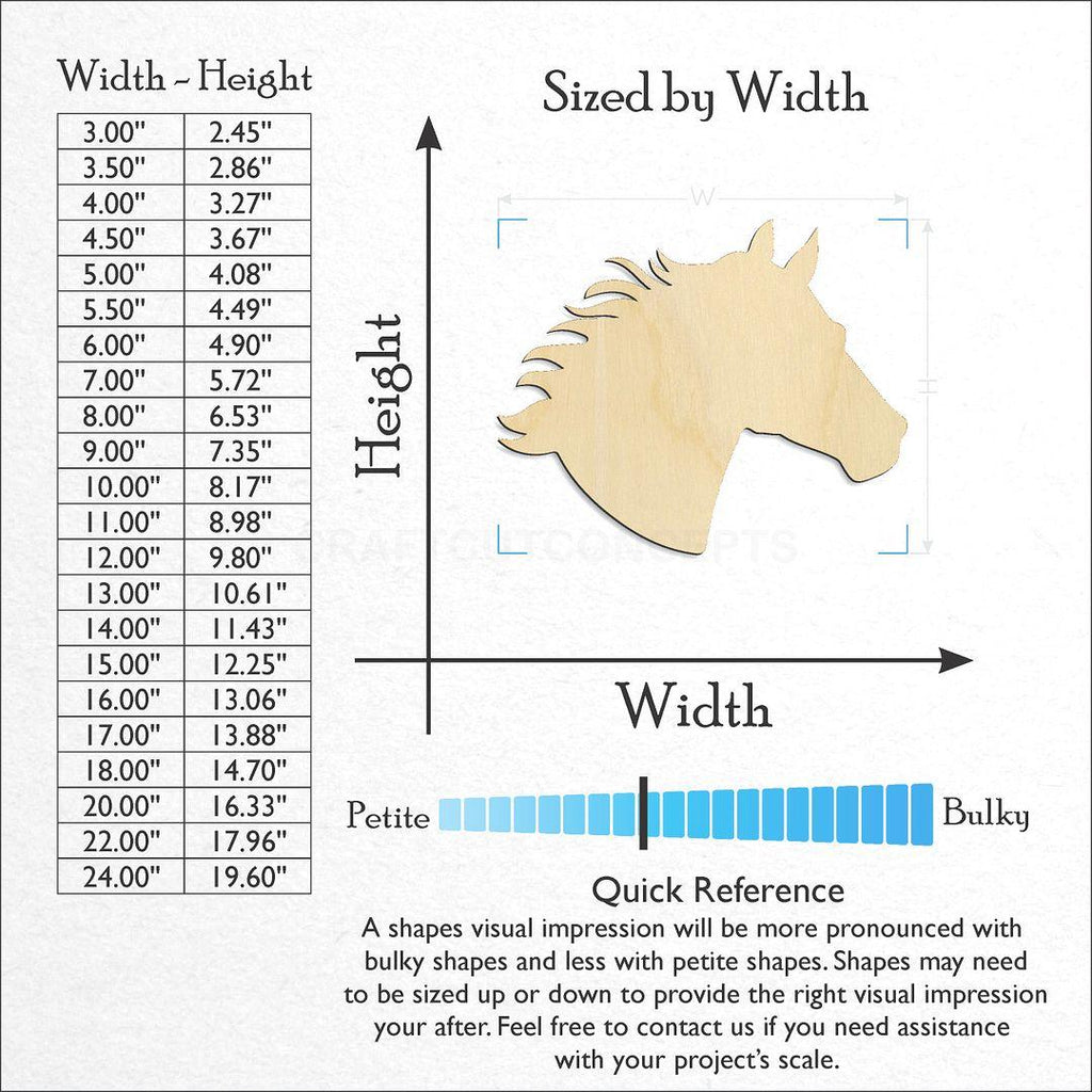 Sizes available for a laser cut Horse Head craft blank