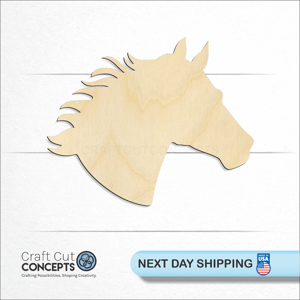 Craft Cut Concepts logo and next day shipping banner with an unfinished wood Horse Head craft shape and blank