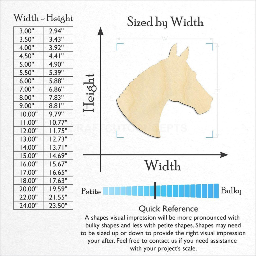 Sizes available for a laser cut Horse Head craft blank