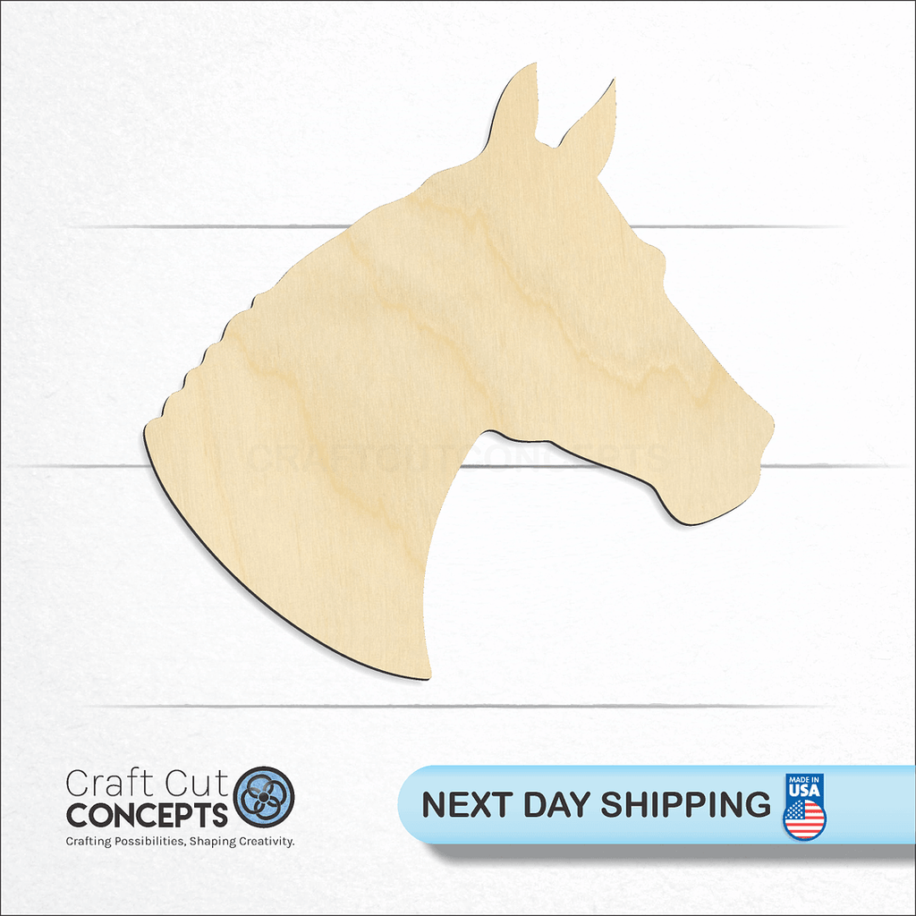 Craft Cut Concepts logo and next day shipping banner with an unfinished wood Horse Head craft shape and blank