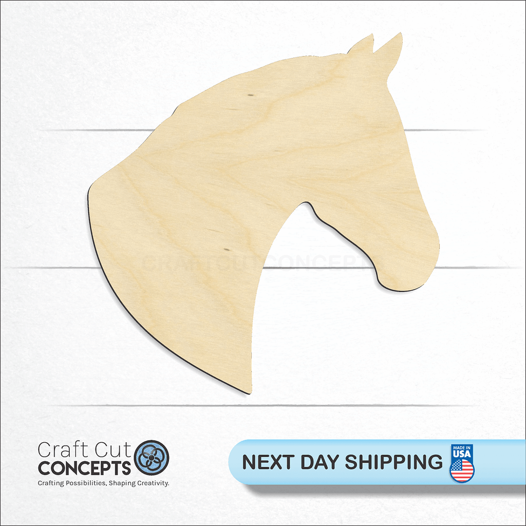 Craft Cut Concepts logo and next day shipping banner with an unfinished wood Horse Head craft shape and blank