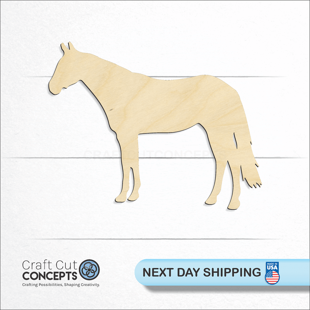 Craft Cut Concepts logo and next day shipping banner with an unfinished wood Horse craft shape and blank