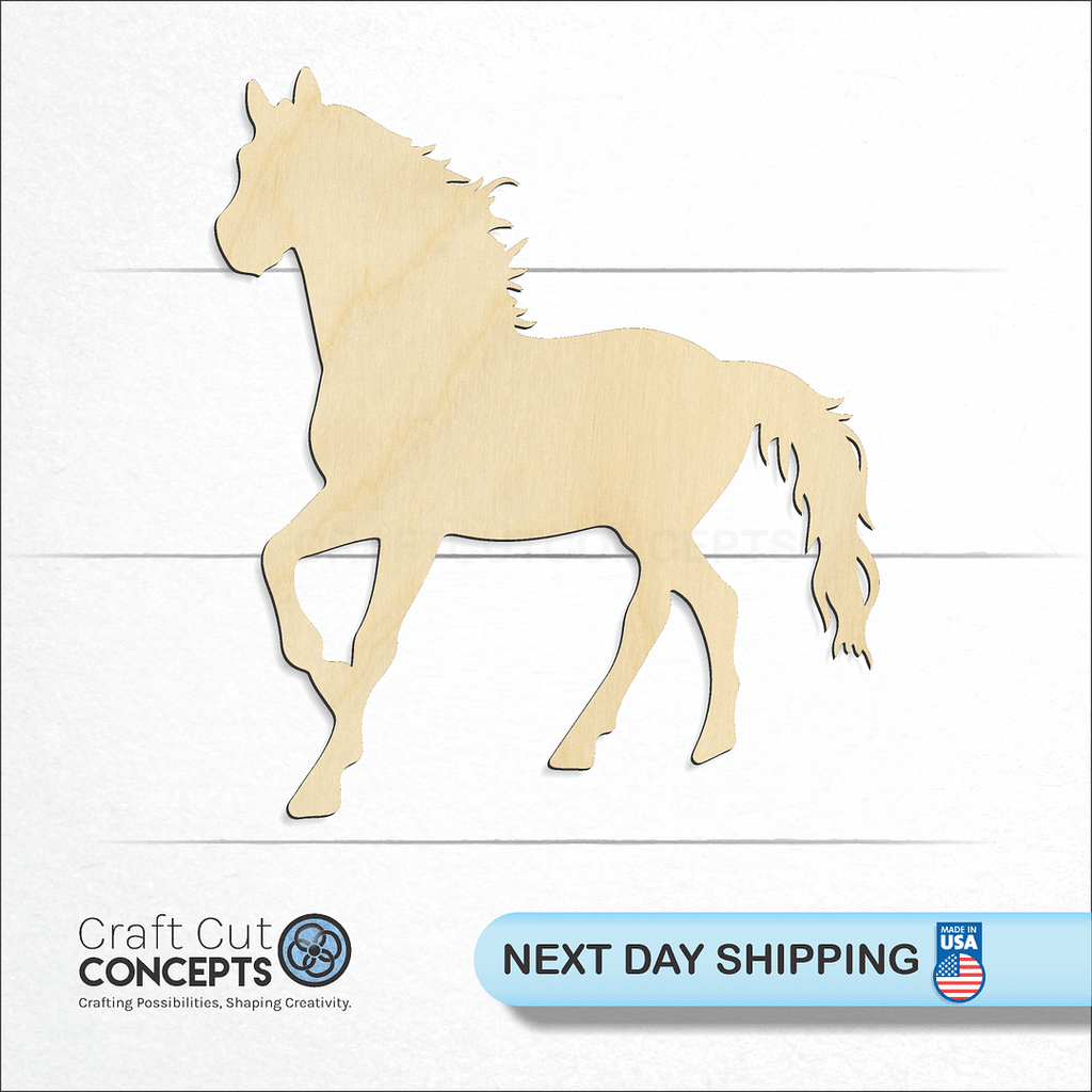 Craft Cut Concepts logo and next day shipping banner with an unfinished wood Horse craft shape and blank