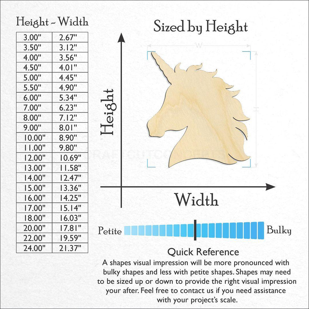 Sizes available for a laser cut Unicorn Head craft blank