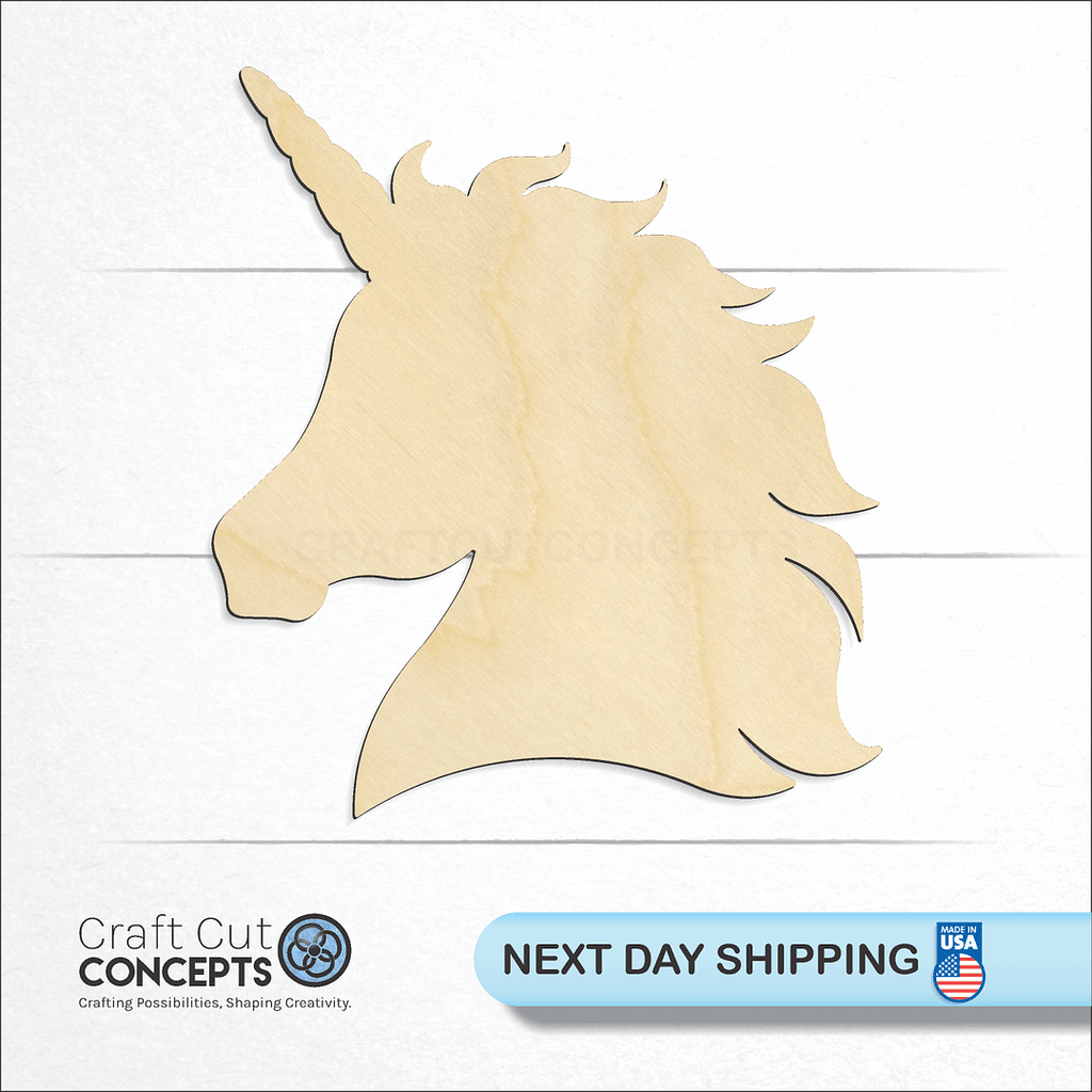 Craft Cut Concepts logo and next day shipping banner with an unfinished wood Unicorn Head craft shape and blank