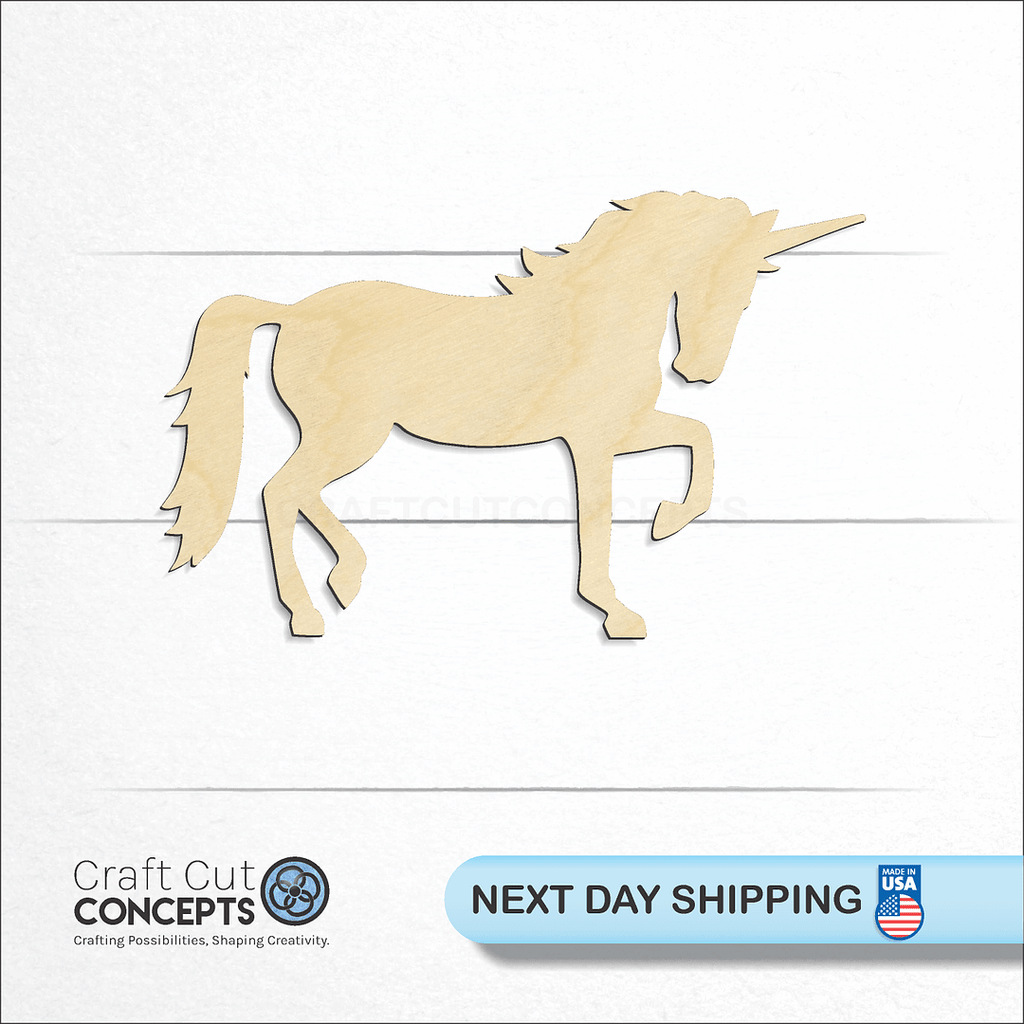 Craft Cut Concepts logo and next day shipping banner with an unfinished wood Unicorn craft shape and blank