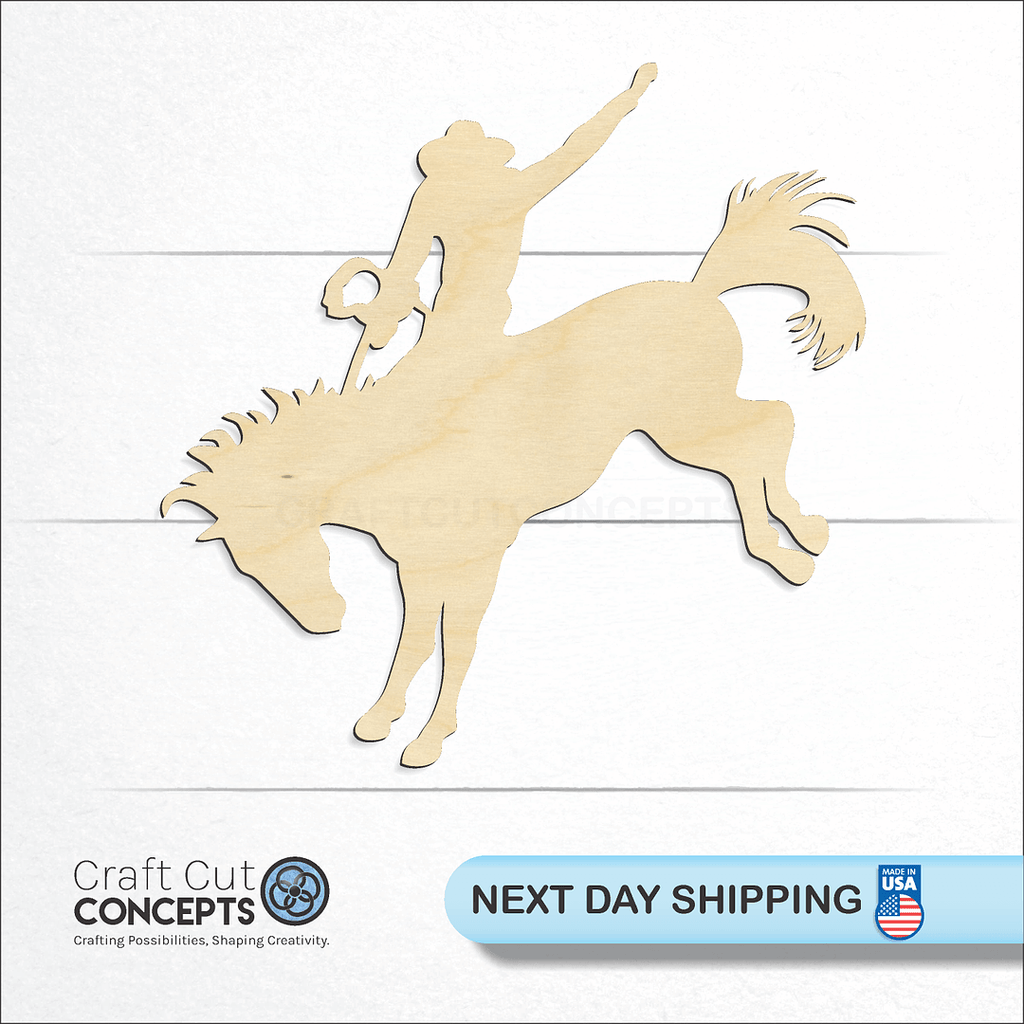 Craft Cut Concepts logo and next day shipping banner with an unfinished wood Cowboy Bronco craft shape and blank