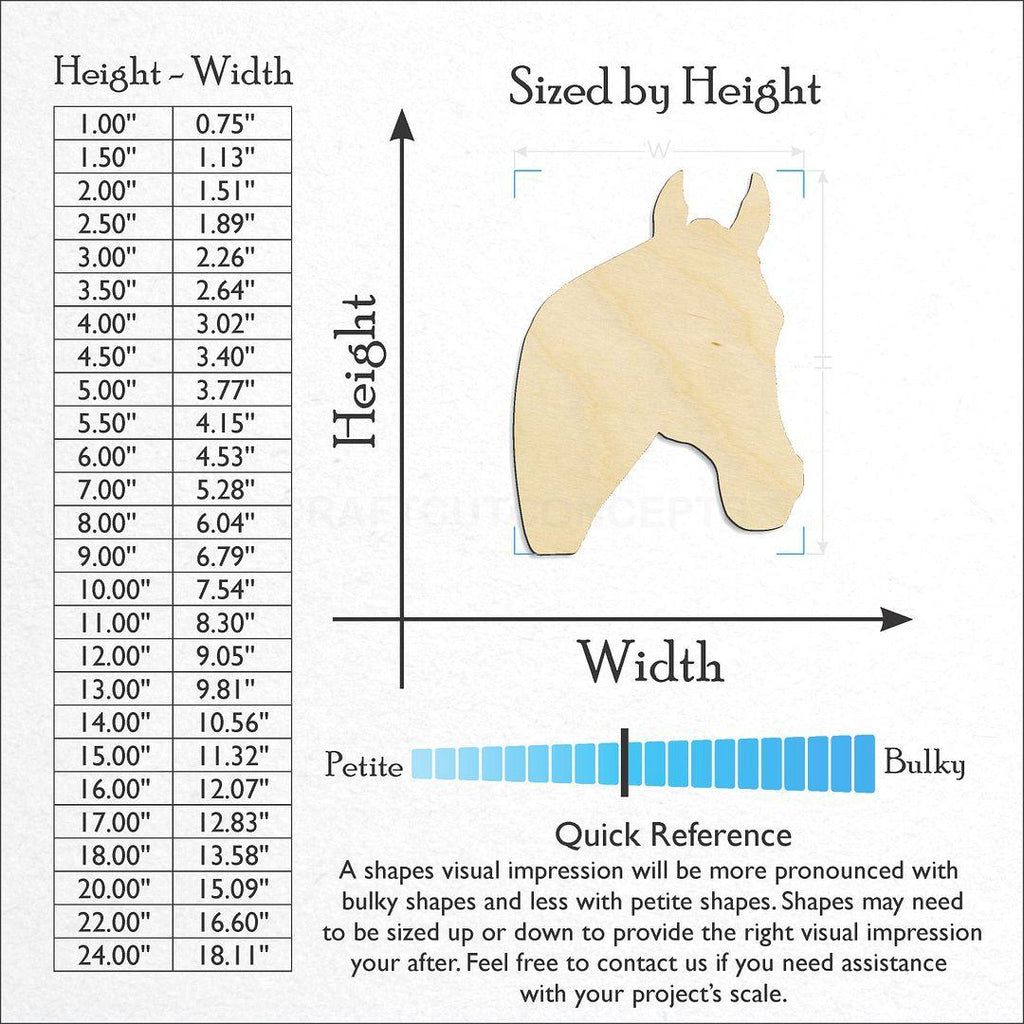 Sizes available for a laser cut Horse Head craft blank