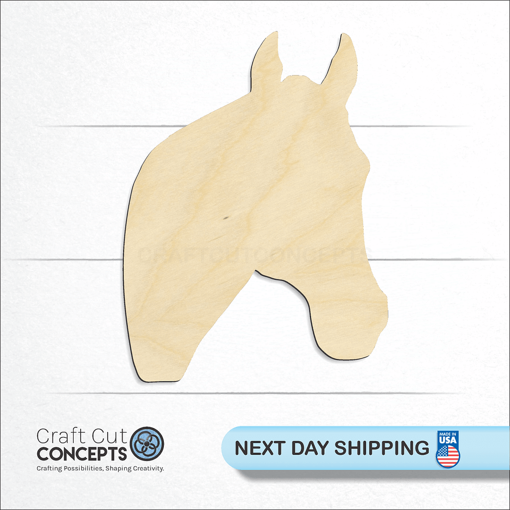 Craft Cut Concepts logo and next day shipping banner with an unfinished wood Horse Head craft shape and blank