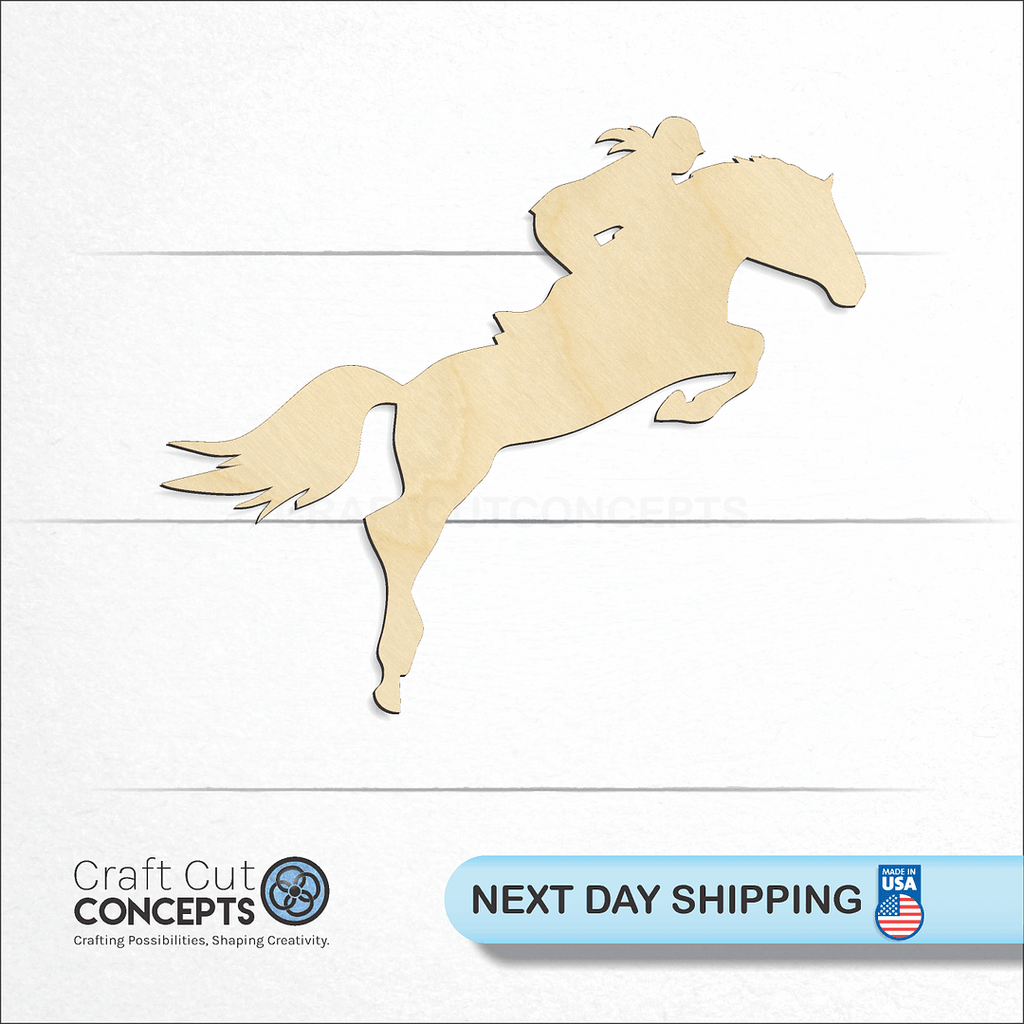 Craft Cut Concepts logo and next day shipping banner with an unfinished wood Horse Rider Jumping craft shape and blank