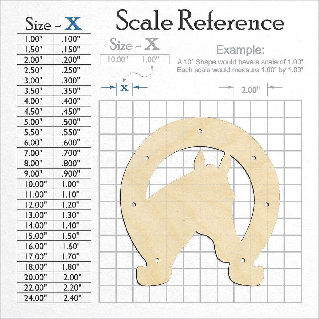 A scale and graph image showing a wood Horseshoe with Horse craft blank