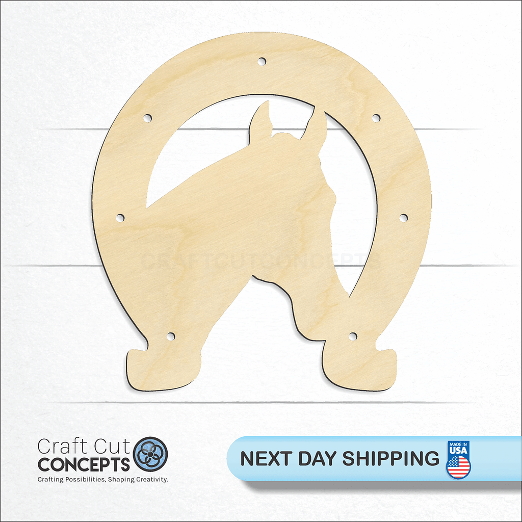 Craft Cut Concepts logo and next day shipping banner with an unfinished wood Horseshoe with Horse craft shape and blank