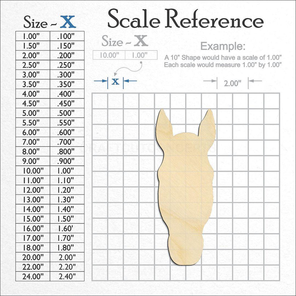 A scale and graph image showing a wood Horse Head craft blank