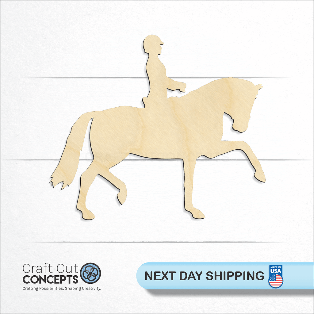 Craft Cut Concepts logo and next day shipping banner with an unfinished wood Dressage Horse craft shape and blank