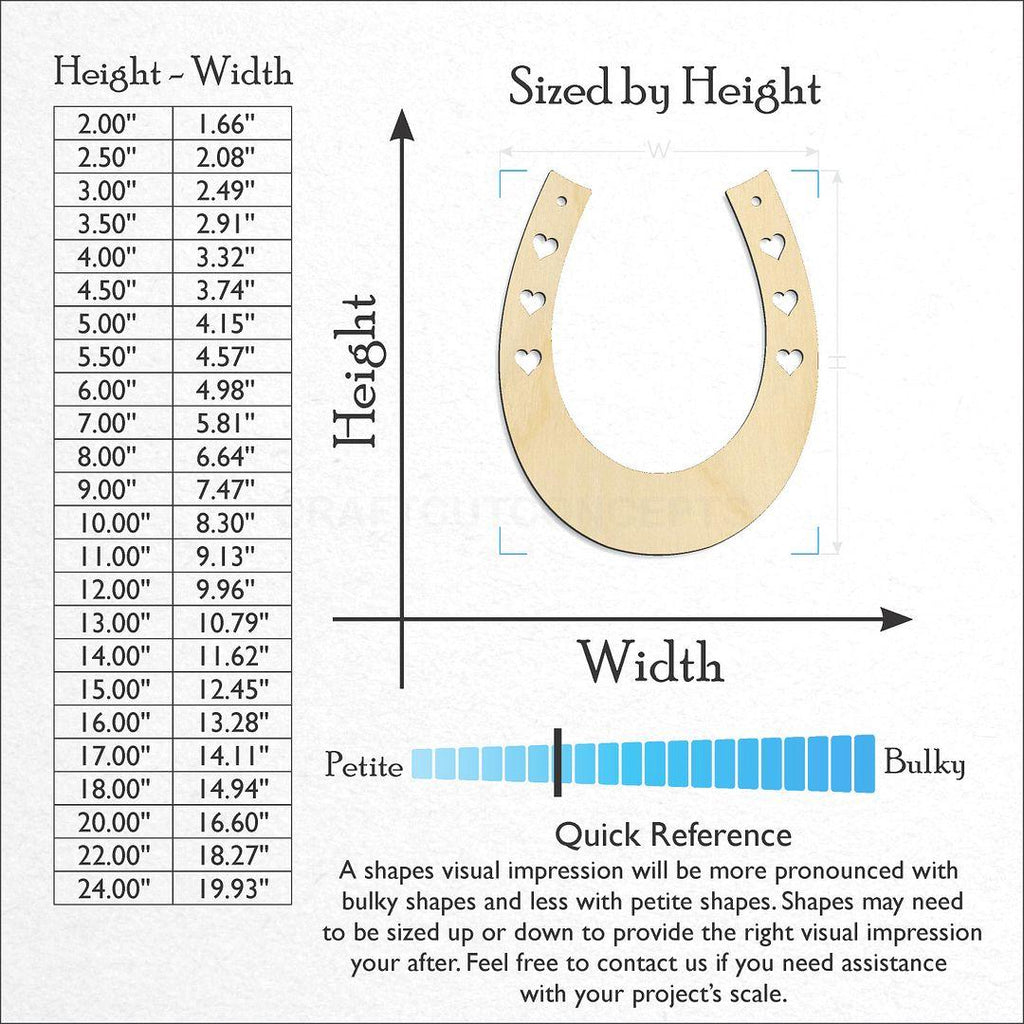 Sizes available for a laser cut Horseshoe Hearts craft blank