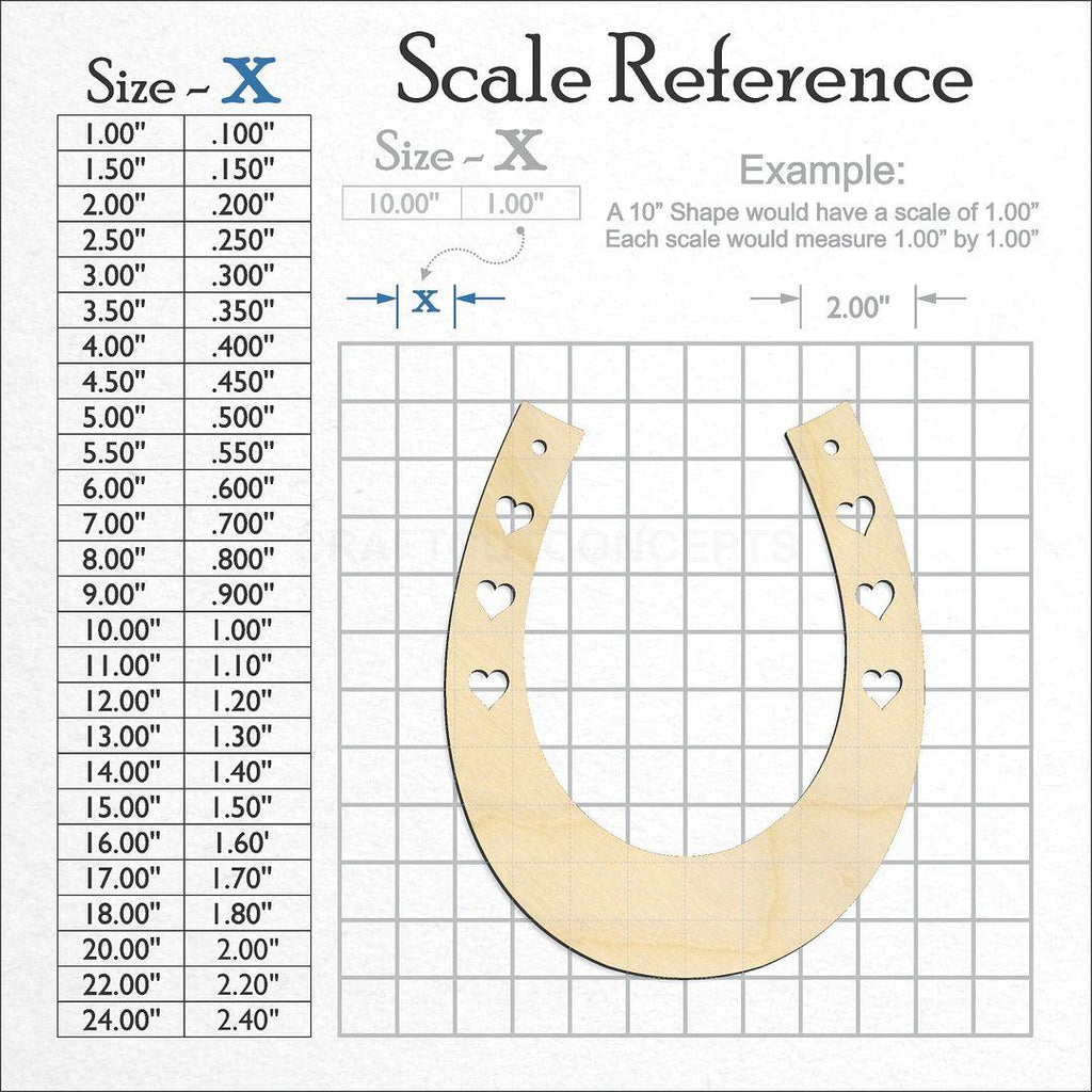 A scale and graph image showing a wood Horseshoe Hearts craft blank