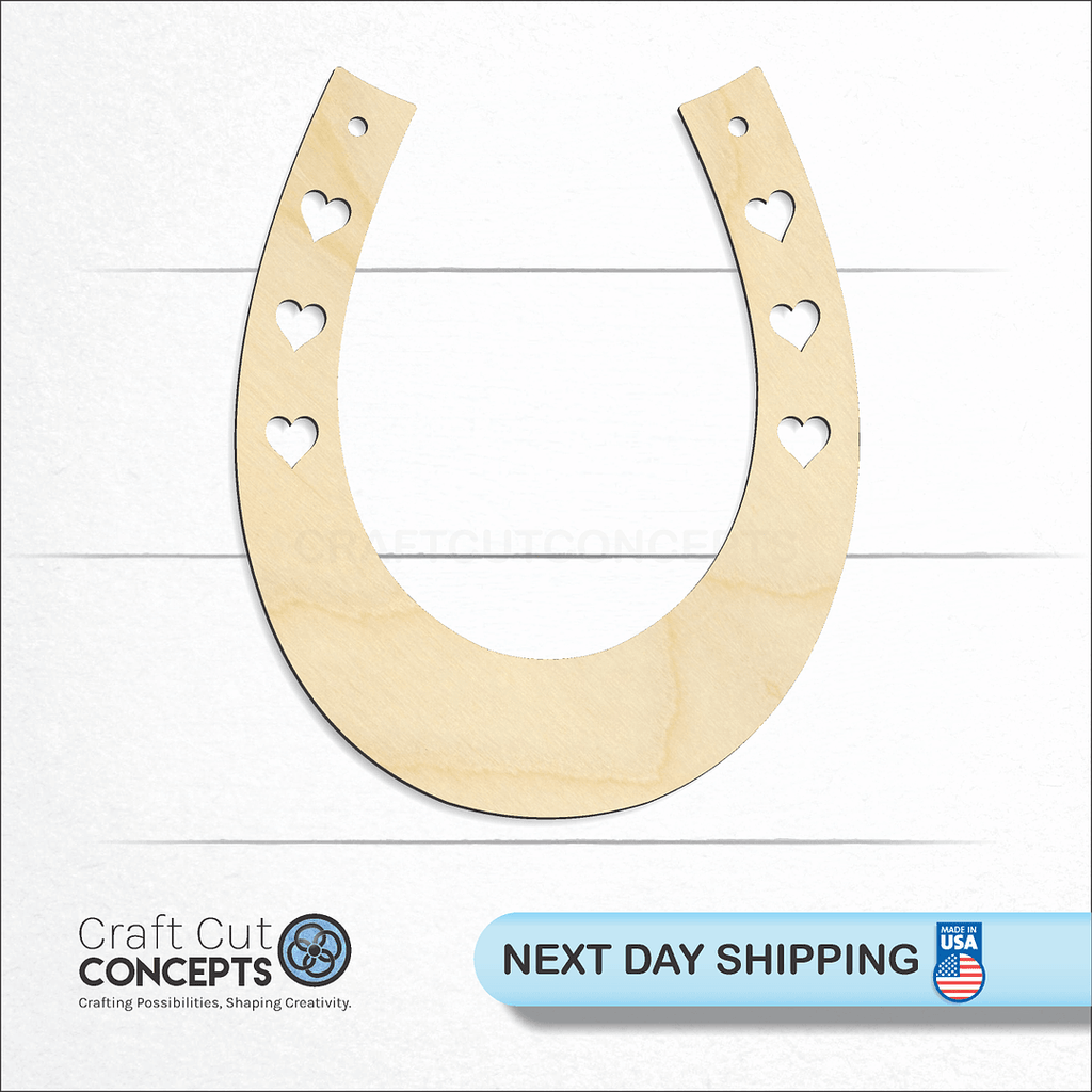 Craft Cut Concepts logo and next day shipping banner with an unfinished wood Horseshoe Hearts craft shape and blank