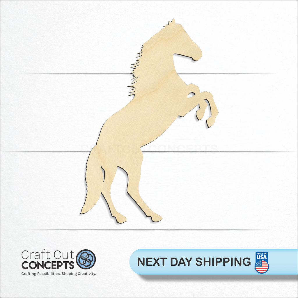 Craft Cut Concepts logo and next day shipping banner with an unfinished wood Rearing Horse craft shape and blank