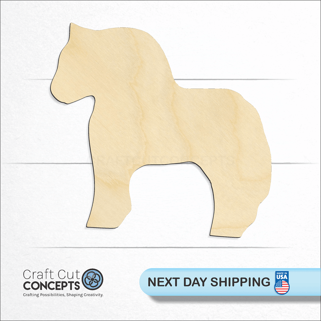 Craft Cut Concepts logo and next day shipping banner with an unfinished wood Fjord Horse craft shape and blank