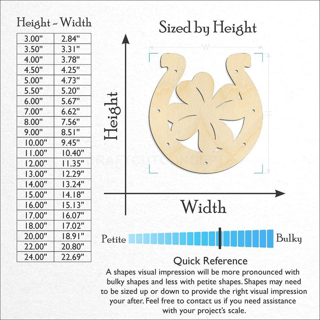 Sizes available for a laser cut Lucky Clover Horseshoe craft blank