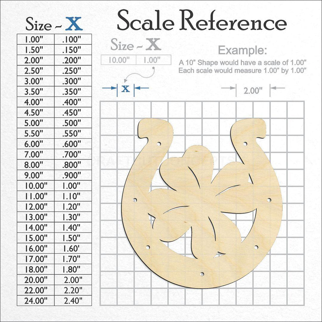 A scale and graph image showing a wood Lucky Clover Horseshoe craft blank