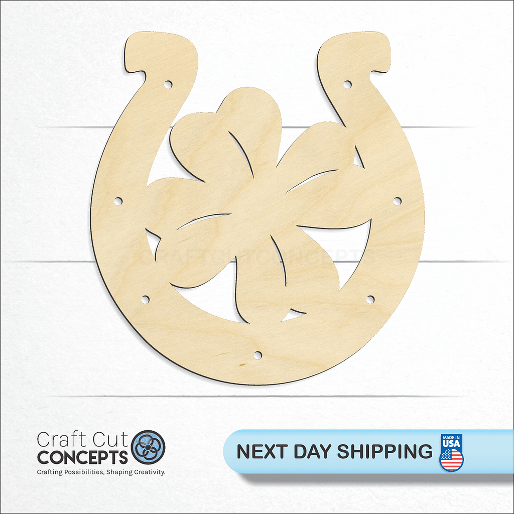 Craft Cut Concepts logo and next day shipping banner with an unfinished wood Lucky Clover Horseshoe craft shape and blank