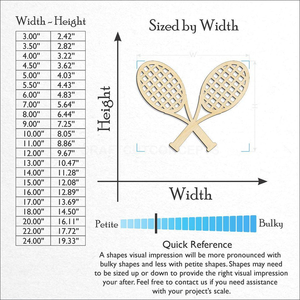 Sizes available for a laser cut Sports - Tennis Racket Pair craft blank