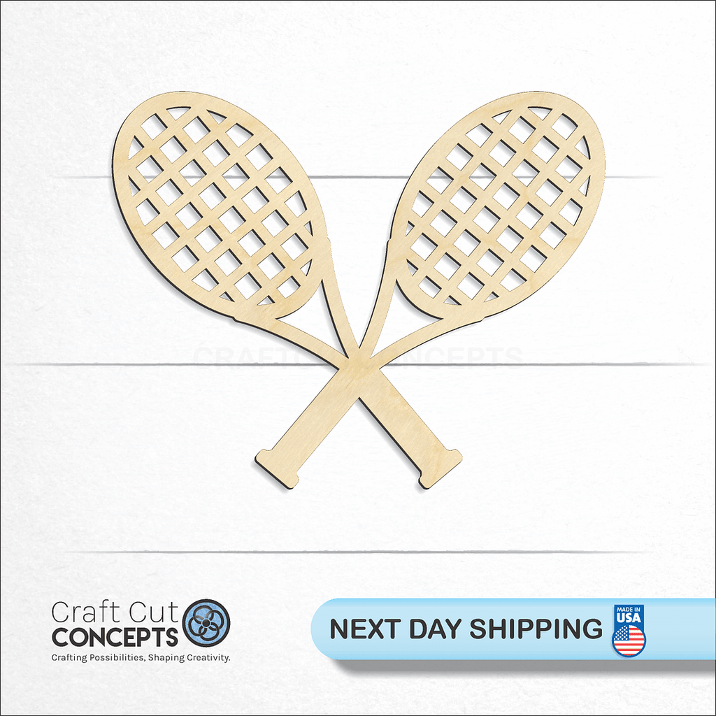 Craft Cut Concepts logo and next day shipping banner with an unfinished wood Sports - Tennis Racket Pair craft shape and blank