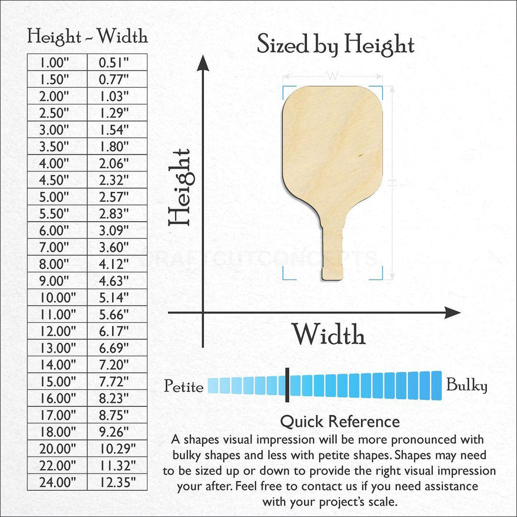 Sizes available for a laser cut Sports - Pickle Ball Paddle craft blank