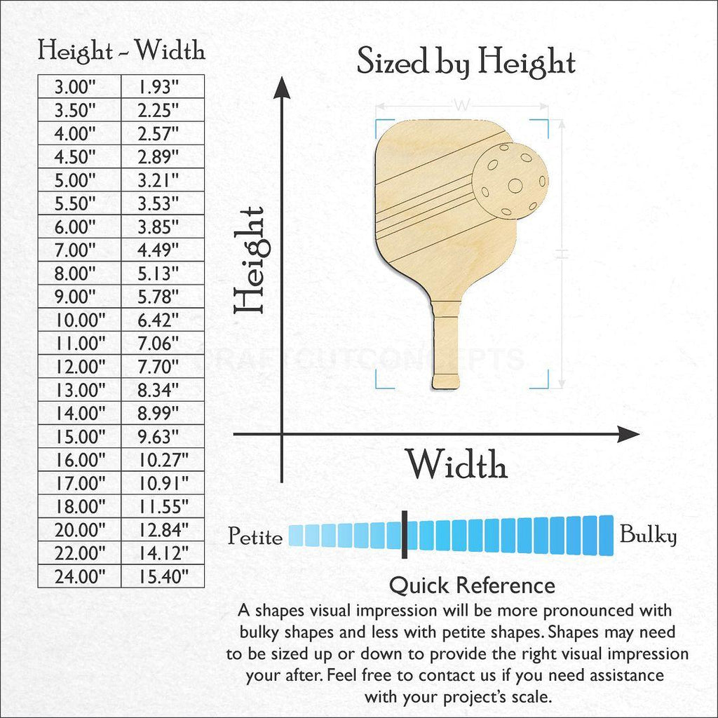 Sizes available for a laser cut Sports - Pickle Ball Paddle craft blank