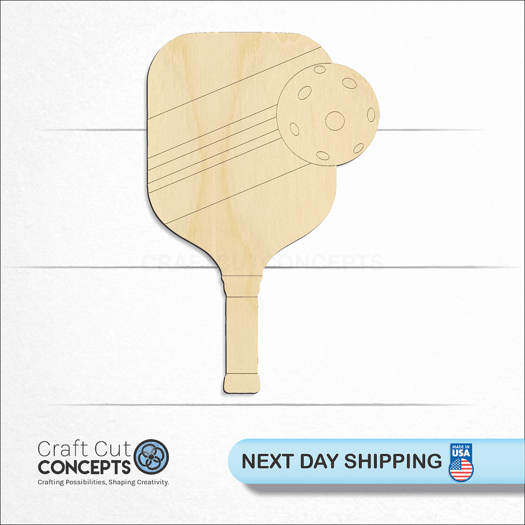 Craft Cut Concepts logo and next day shipping banner with an unfinished wood Sports - Pickle Ball Paddle craft shape and blank