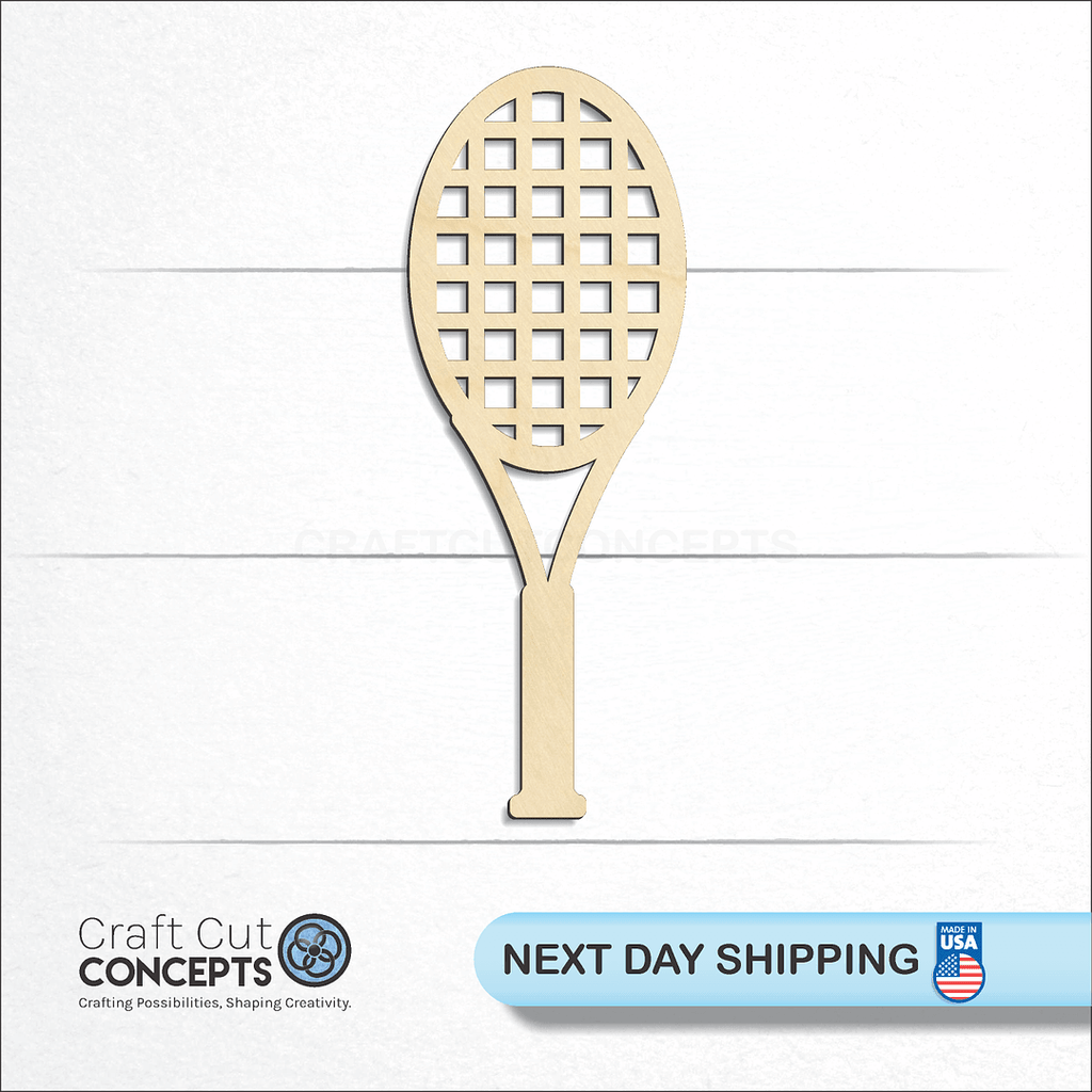 Craft Cut Concepts logo and next day shipping banner with an unfinished wood Sports - Tennis Racket craft shape and blank